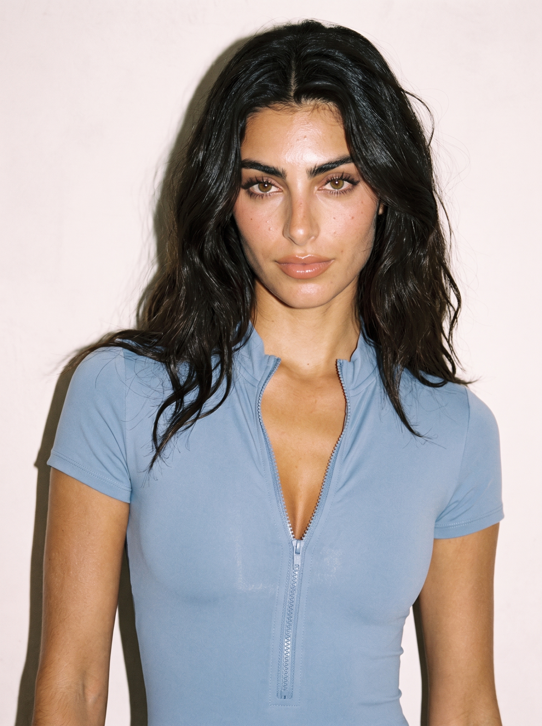 Ana Jumpsuit in Blue, front close-up of stand collar