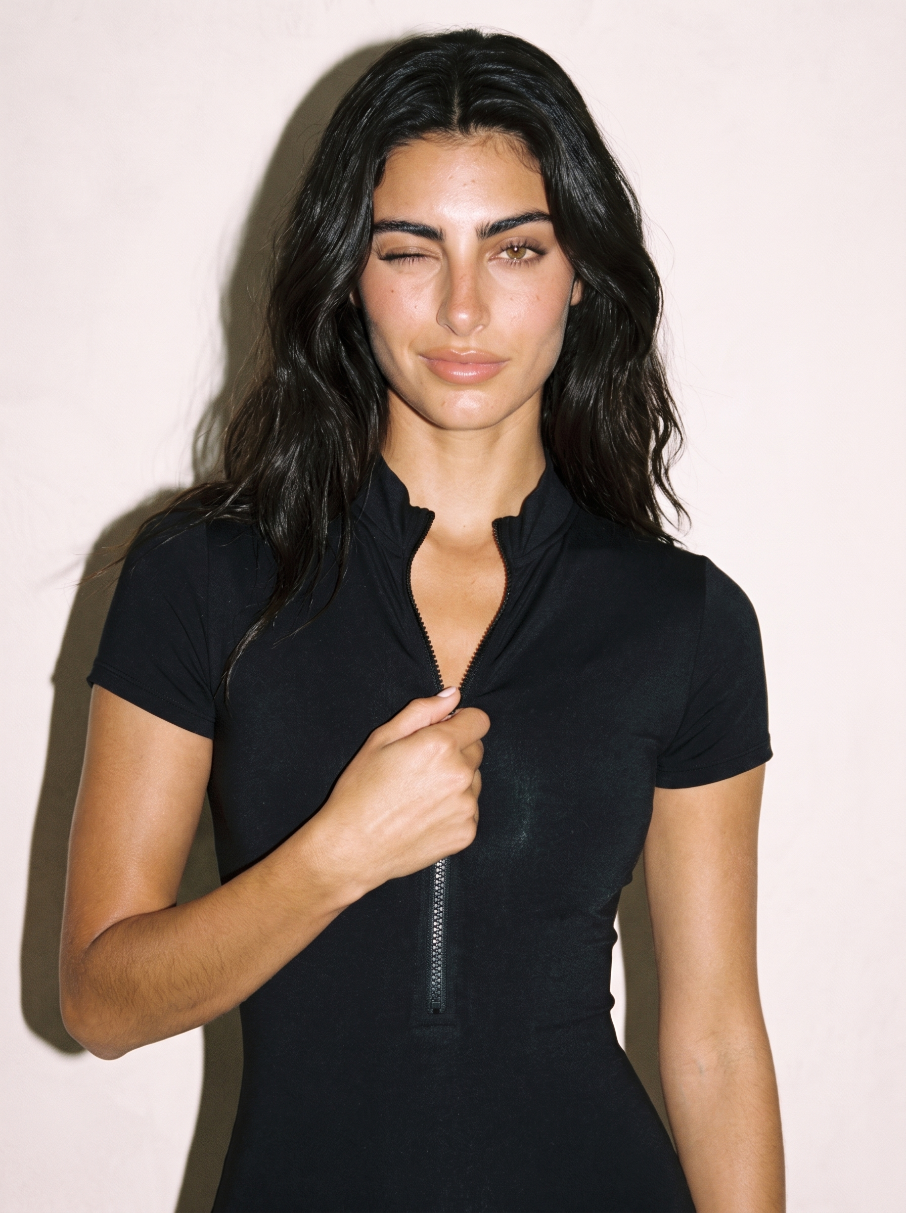 Alice Jumpsuit in Black, front close-up of zip and collar