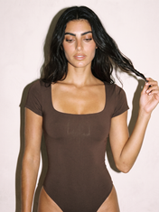 Square Neck Bodysuit in Brown, front close-up