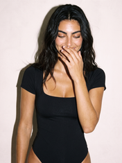 Square Neck Bodysuit in Black, front close-up