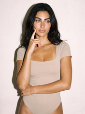 Square Neck Bodysuit in Beige, front close-up
