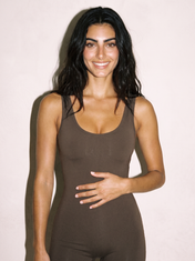 V Back Jumpsuit in Brown, front close-up