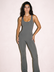 V Back Jumpsuit in Gray, front view