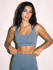 Serena Capri Leggings in Blue Gray, front close up