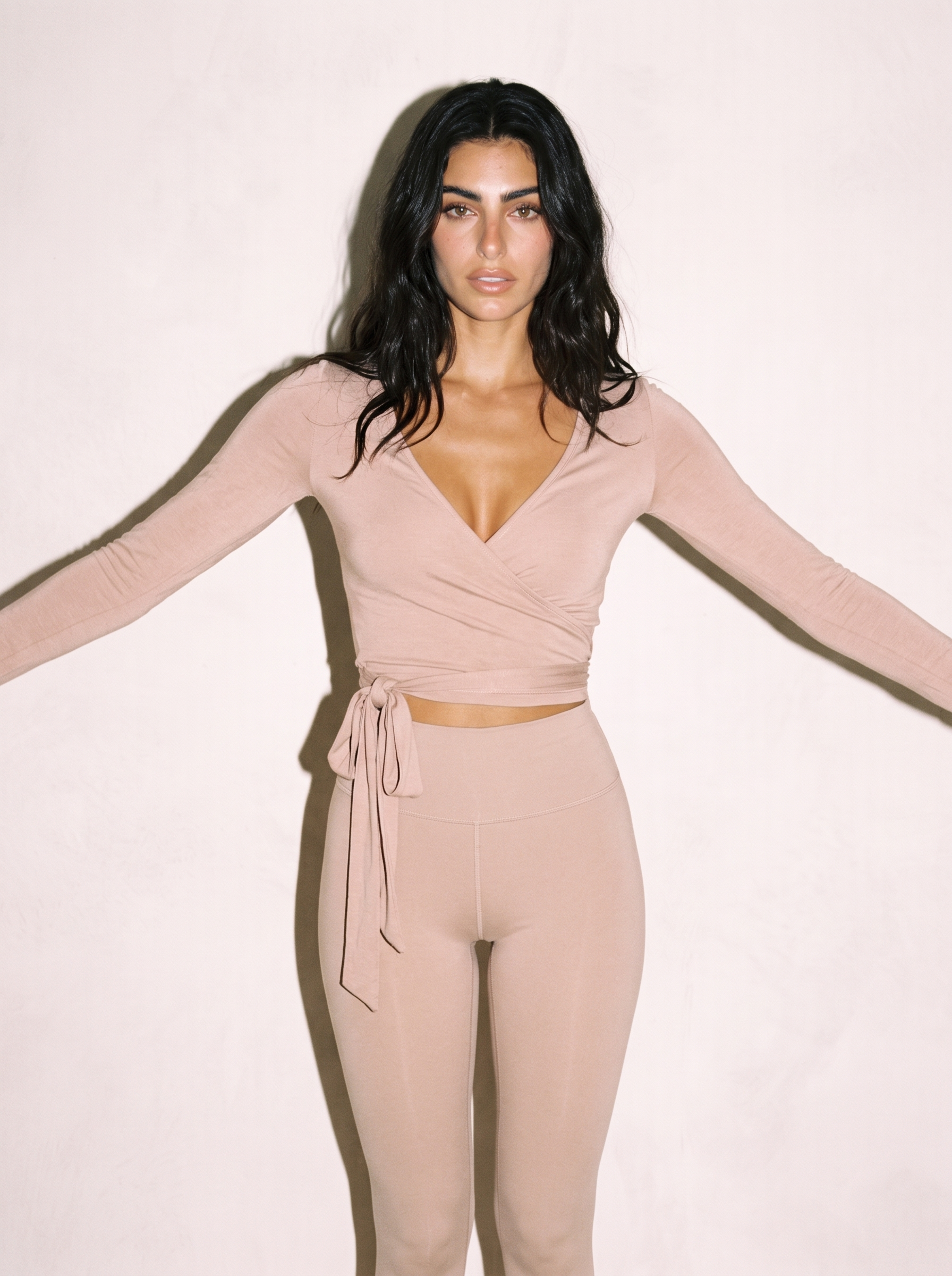 Aria Wrap Top in Milk Tea, front view