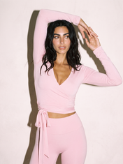 Aria Wrap Top in Pink, front close up