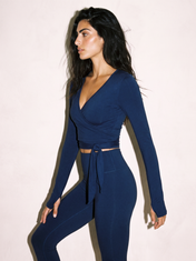 Aria Wrap Top in Navy Blue, side view