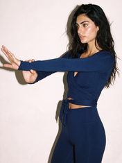 Aria Wrap Top in Navy Blue, side close up