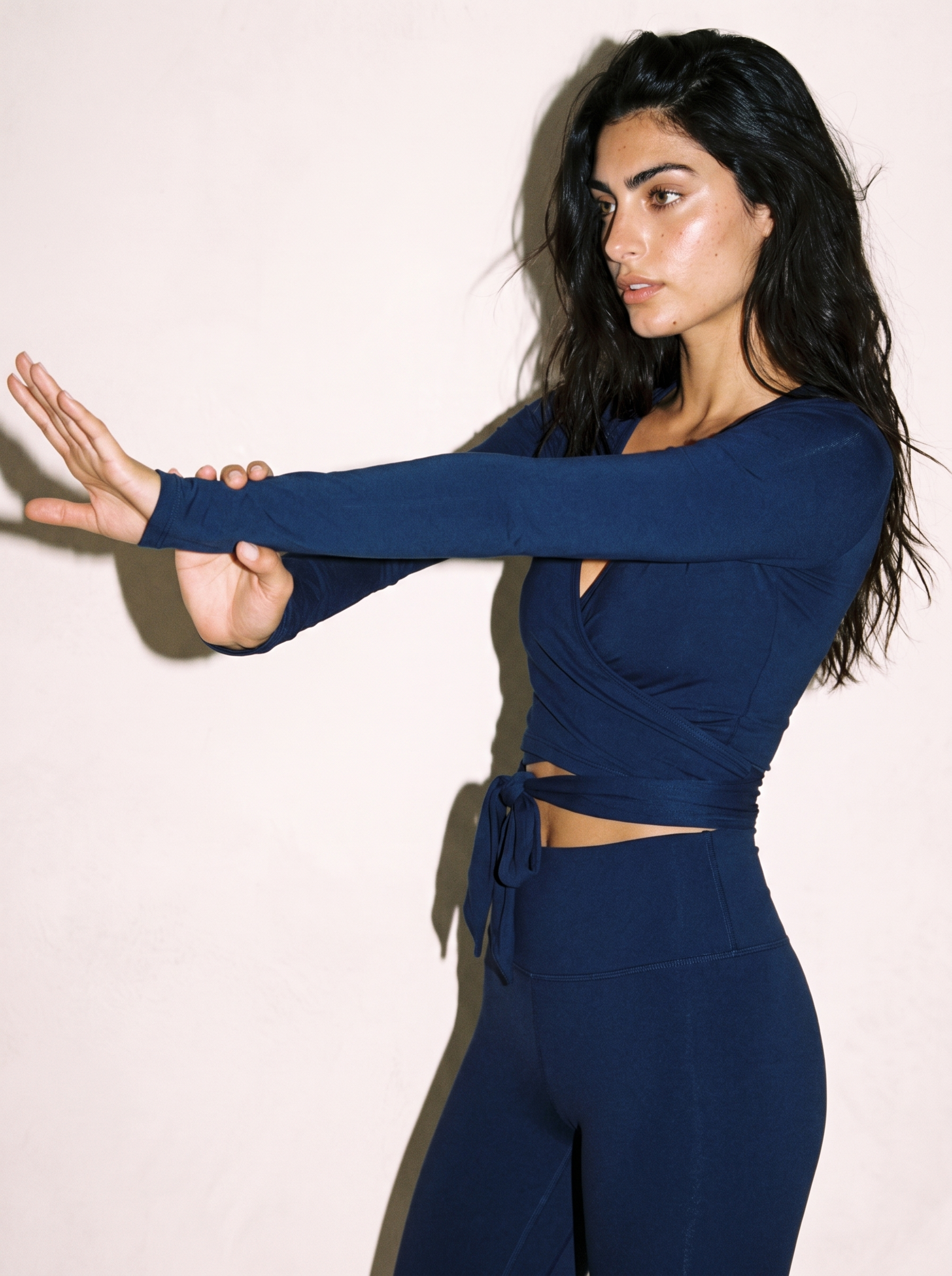 Aria Wrap Top in Navy Blue, side close up