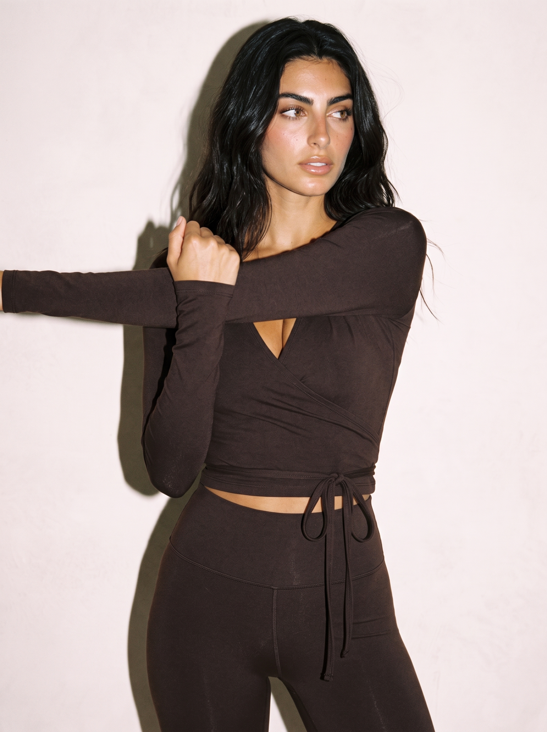 Aria Wrap Top in Dark Coffee, front close up