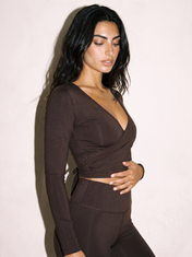 Aria Wrap Top in Dark Coffee, side close up