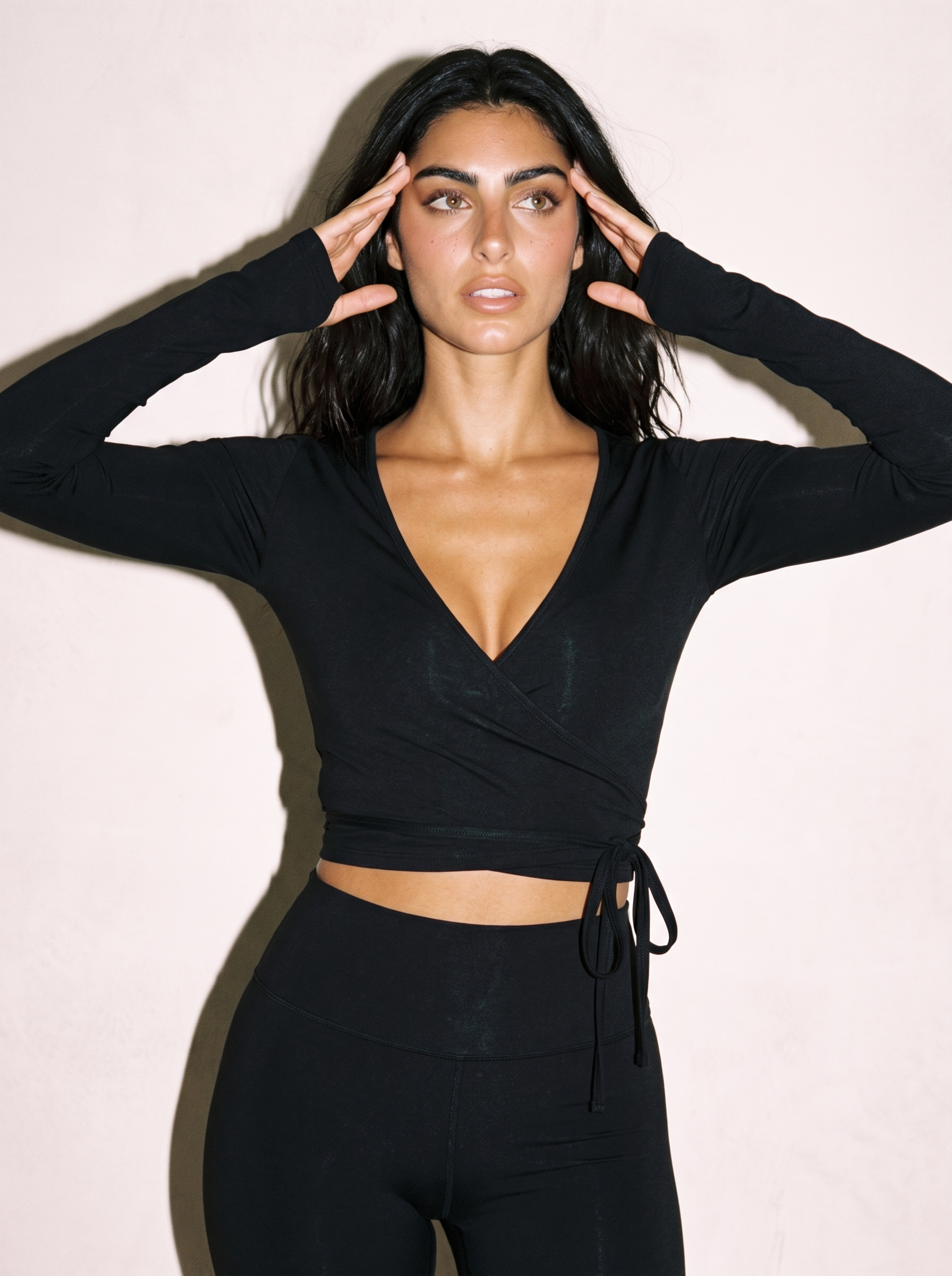 Aria Wrap Top in Black, front close up