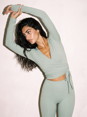 Aria Wrap Top in Light Green, side close up