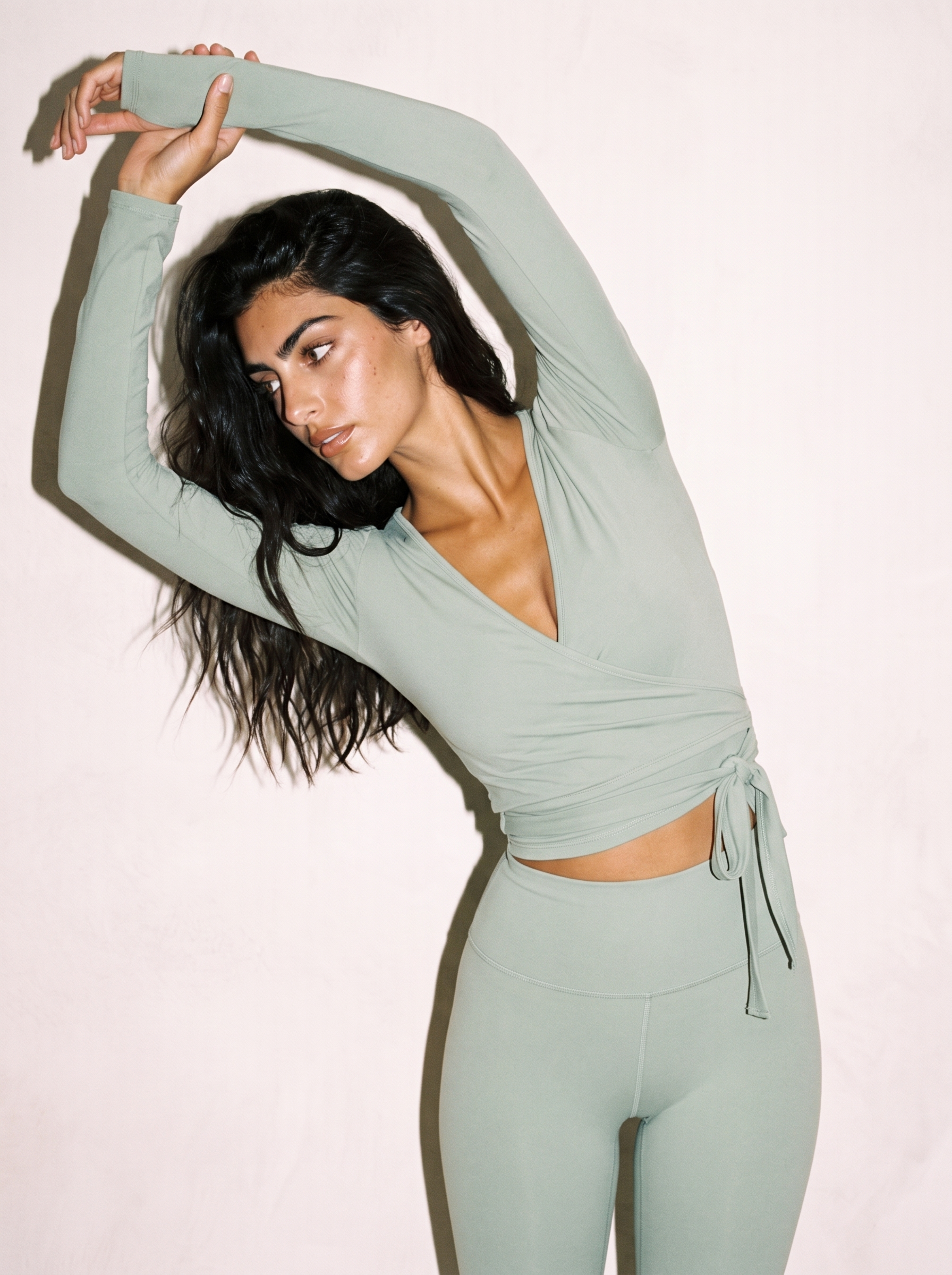 Aria Wrap Top in Light Green, side close up