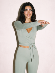 Aria Wrap Top in Light Green, front close up