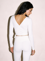 Aria Wrap Top in White, back view
