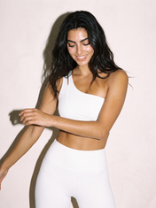 Agata Sports Bra in Swan White, front close up