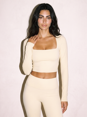 Elena Long Sleeve Top in Olive, front close up