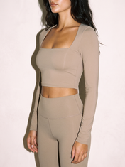 Elena Long Sleeve Top in Khaki, side close up