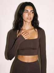 Elena Long Sleeve Top in Brown, front close up