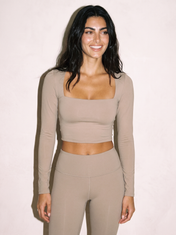 Elena Long Sleeve Top in Khaki, front close up